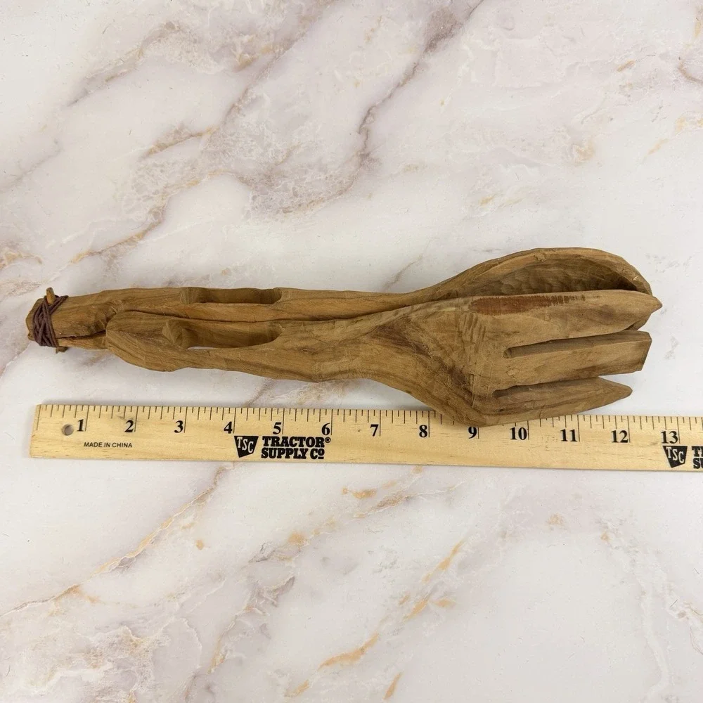 Vintage Olive Wood Salad Tongs Carved Handmade Folk Art Rustic Kitchen Utensils